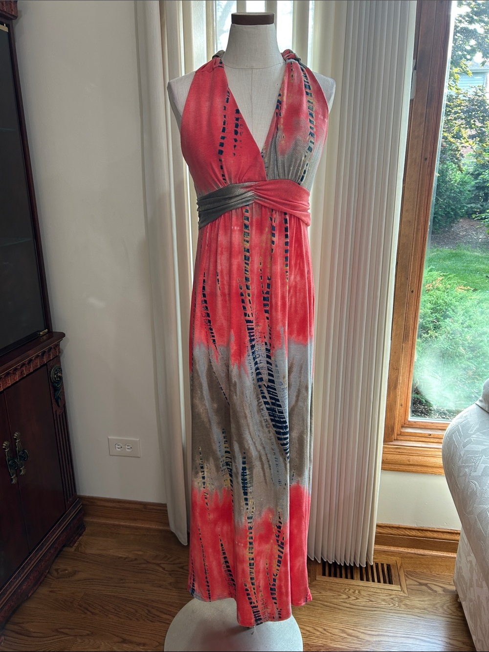 Bohemian women’s Shoreline Coral and Olive Halter Maxi Dress, T back size S